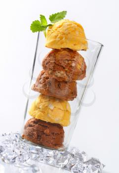 Scoops of ice cream stacked in tall glass