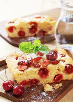 Slice of freshly baked cherry sponge cake 
