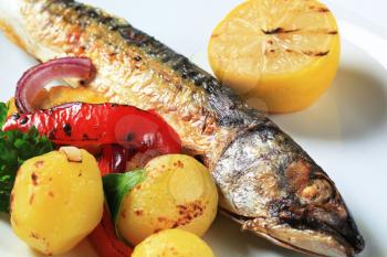 Dish of grilled mackerel and potatoes