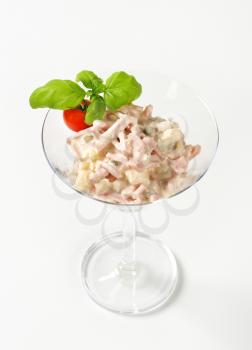 Ham and potato salad served in martini glass
