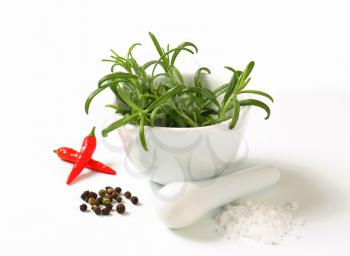 Still life of fresh rosemary in a mortar, peppercorns, sea salt and red chili peppers