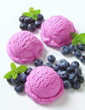 Scoops of berry ice cream and fresh blueberries