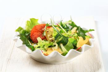 Green salad with fried breaded cheese and sliced Swiss cheese