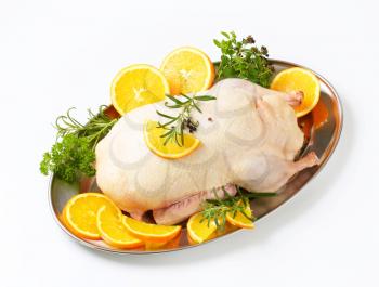 Raw duck with orange slices and herbs on a metal tray