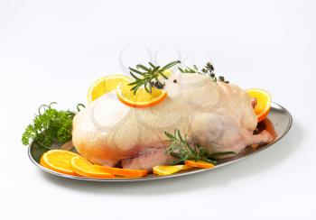 Raw duck with orange slices and herbs on a metal tray