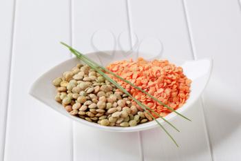 Raw red and brown lentils in a bowl
