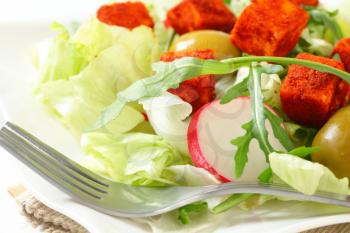 Fresh vegetable salad with diced paprika-coated cheese 