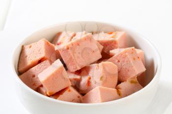 Diced meatloaf in a bowl 