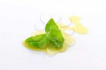 Olive oil drizzle and fresh basil leaves