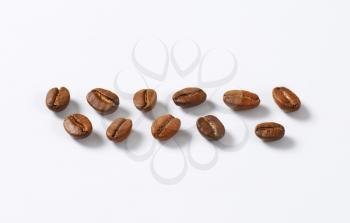 Roasted coffee beans arranged in lines