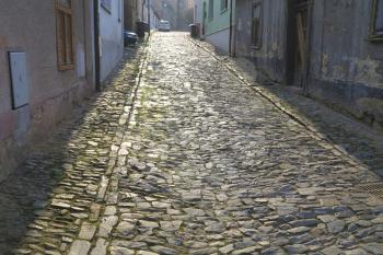 old deserted cobbled street at dawn