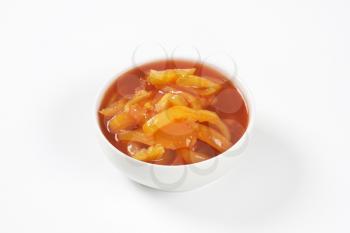 bowl of stewed Hungarian peppers in tomato sauce