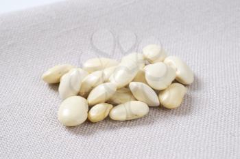 handful of raw white beans on tablecloth