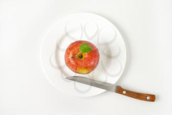 washed red apple and kitchen knife on white plate