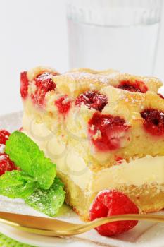 a piece of homemade raspberry cake on a white plate