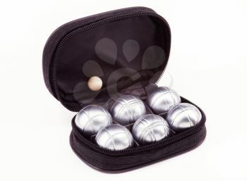 Petanque set with six metal balls in black case