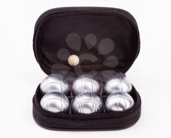 Petanque set with six metal balls in black case