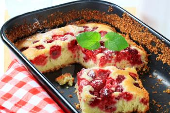 fresh baked raspberry sponge cake in baking tray