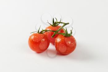 Three wet cherry tomatoes on vine