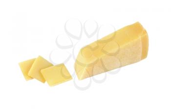 parmesan cheese wedge and slices on white background