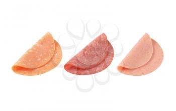 assorted deli meat slices on white background