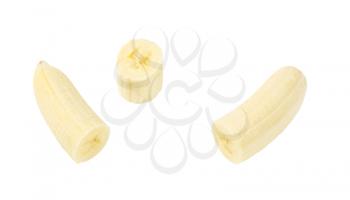 three pieces of peeled banana on white background