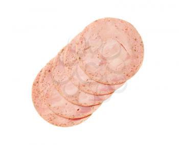 slices of deli meat with chives on white background