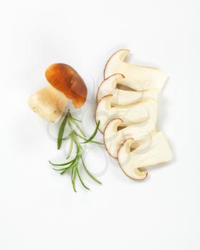 whole and sliced boletus mushrooms with rosemaary on white background