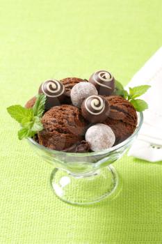 Scoops of chocolate ice cream and truffles in a coupe