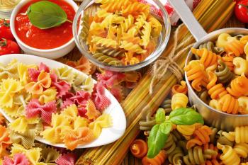 Various types of coloured pasta
