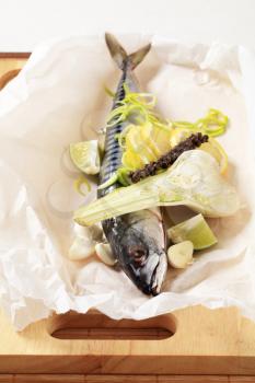 Fresh mackerel and other ingredients on paper