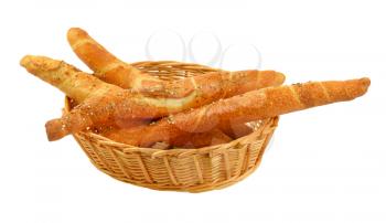long crunchy bread rolls in a straw basket  bowl