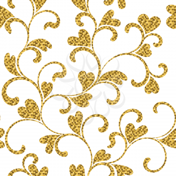 luxury seamless pattern with gold swirls and hearts on a white background