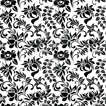 Seamless pattern with black flowers on a white background