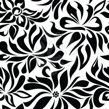 Seamless pattern with black abstract flowers on a white background