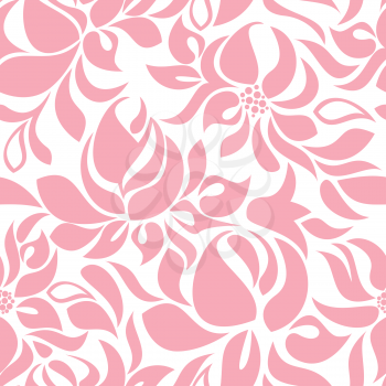 Seamless pattern with abstract pink flowers on a white background