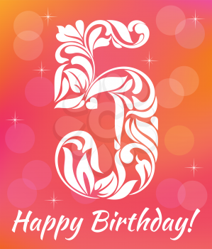 Bright Greeting card Invitation Template. Celebrating 5 years birthday. Decorative Font with swirls and floral elements.
