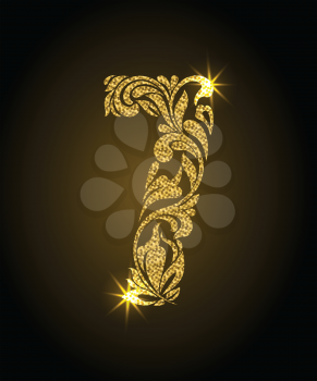7. Decorative Font with swirls and floral elements. Ornate decorated digit seven with golden glitter