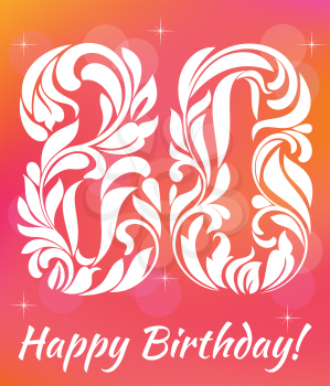 Bright Greeting card Template. Celebrating 80 years birthday. Decorative Font with swirls and floral elements.