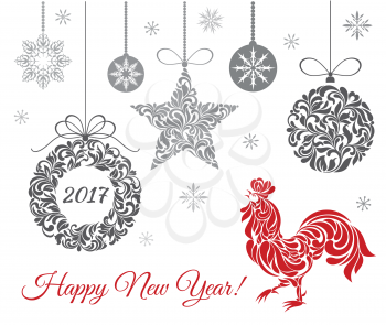 Elegant card. Rooster, symbol of 2017 on the Chinese calendar end Christmas decorations. Star, Christmas ball,  wreath and cock made of floral ornament