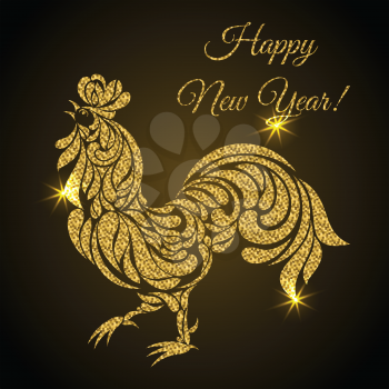 Rooster, symbol of 2017 on the Chinese calendar. Happy new year! Stylized golden cock decorated with floral ornament. 