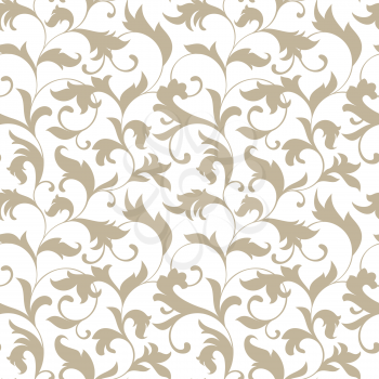 Elegant seamless pattern. Tracery of twisted stalks with decorative leaves on a white background. Vintage style. The pattern can be used for printing on textiles, wallpaper, packaging