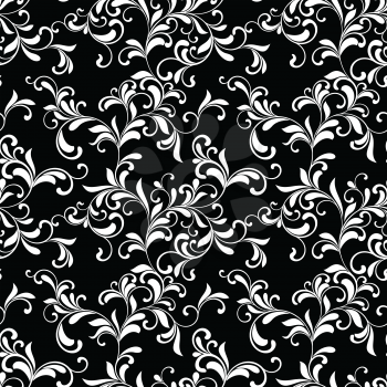 Luxurious seamless pattern. Tracery of swirls and leaves  on a black background. Vintage style
