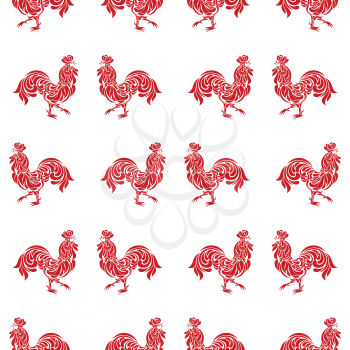 Seamless pattern with roosters made of floral ornament. Red cocks isolated on a white background.