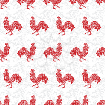 Seamless pattern with roosters made of floral ornament. Red cocks on a white background.