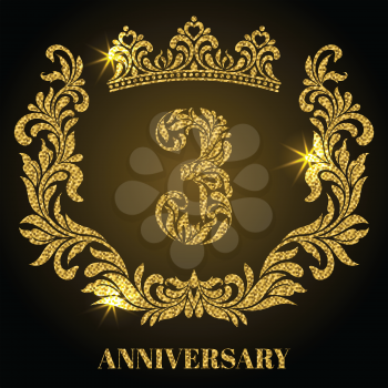 Anniversary of 3 years. Digits, frame and crown made in swirls and floral elements with gold glitter and sparkle