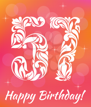 Bright Greeting card Template. Celebrating 57 years birthday. Decorative Font with swirls and floral elements.