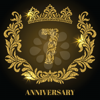 Anniversary of 7 years. Digits, frame and crown made in swirls and floral elements with gold glitter and sparkle