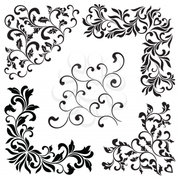 A set of angular ornaments. Ideal for stencil. Decorative vintage style. Ornate pattern of swirls and leaves isolated on white background