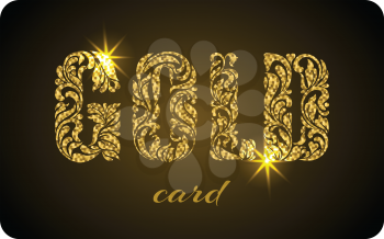 GOLD CARD. The inscription created from a floral ornament. Letters with golden glitter and sparks on a black background.